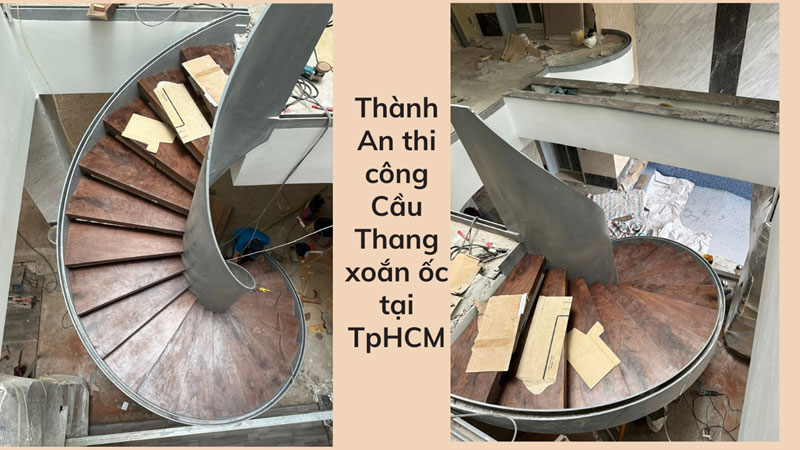 Cầu thang xoắn ốc thép tấm lan can kính